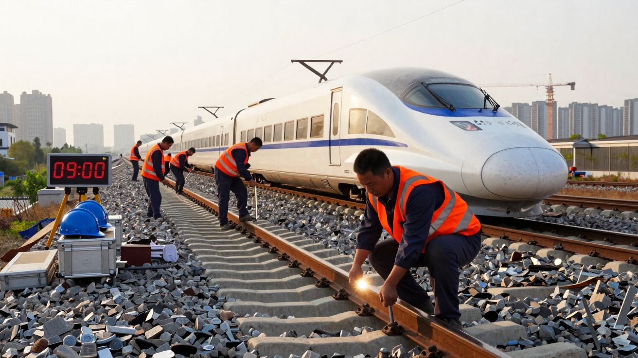 Trabalhadores com coletes laranja realizam manutenção nos carris de comboio de alta velocidade ao lado de comboio parado.