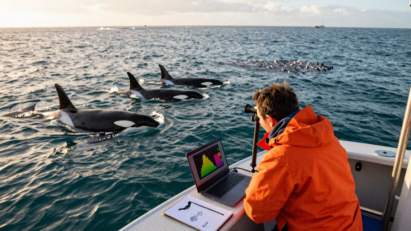 Pessoa em barco a observar e estudar três orcas nadando próximas na água junto a um grupo de pássaros.