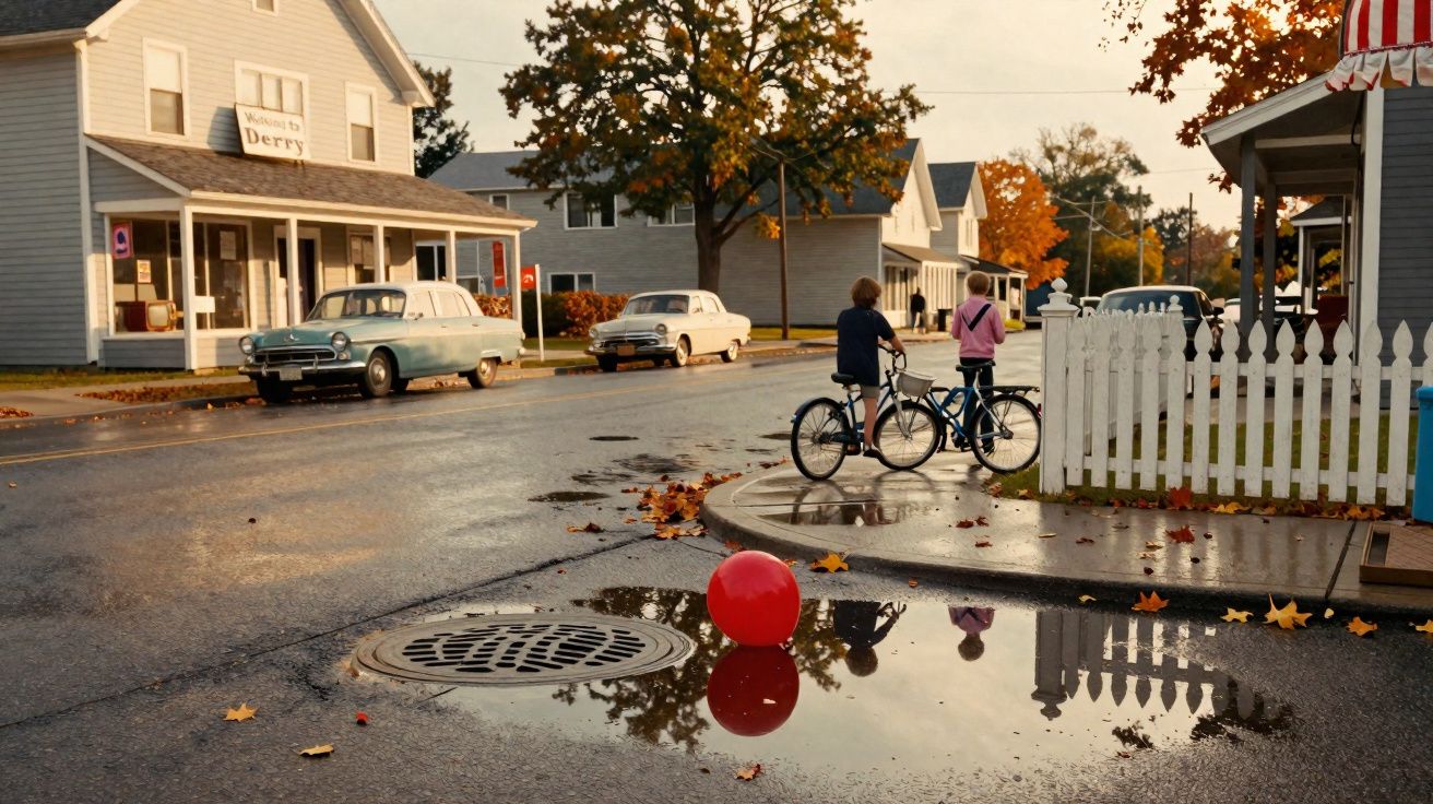 Rua tranquila com duas crianças de bicicleta, carros antigos e um balão vermelho refletido numa poça de água.