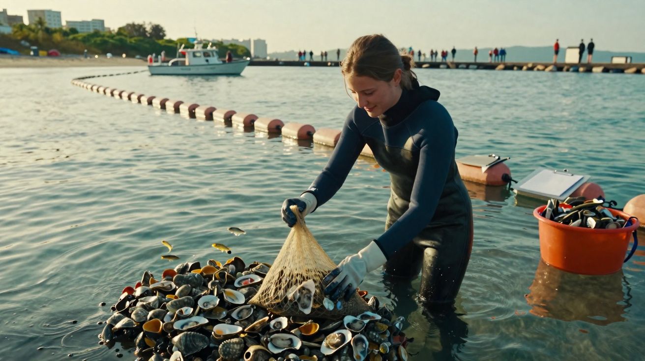Mulher em fato de mergulho a apanhar mexilhões na água perto da costa num dia ensolarado.