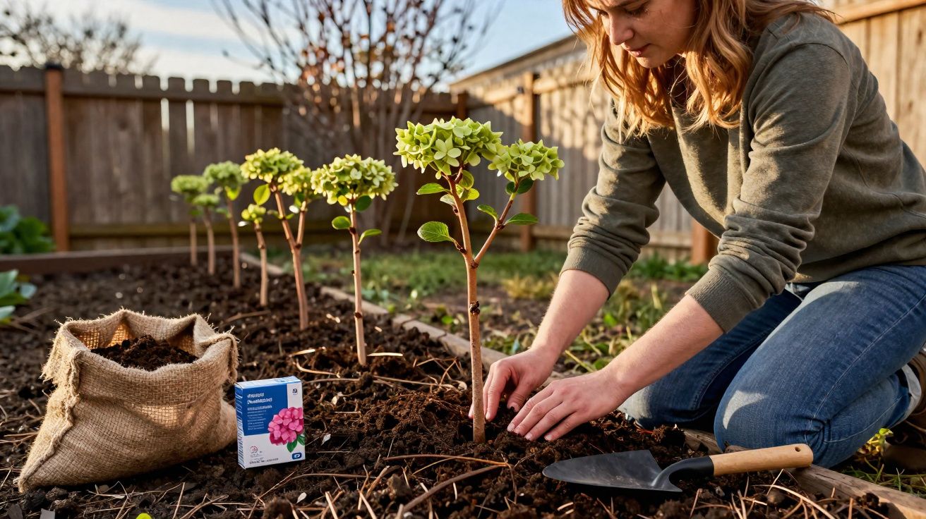Mulher a plantar flores em canteiro com terra e saco de substrato, num jardim ao ar livre.