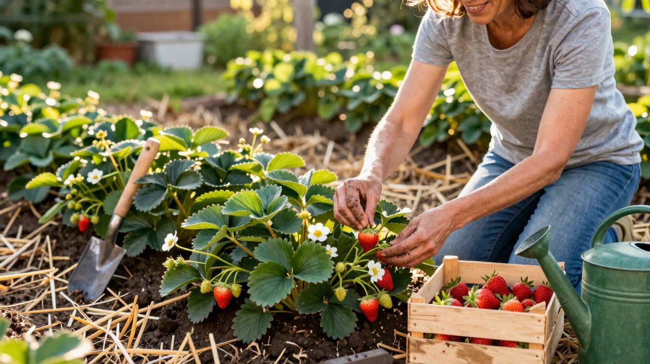 Mulher apanha morangos num jardim, com regador e caixa de madeira cheia de morangos ao lado.