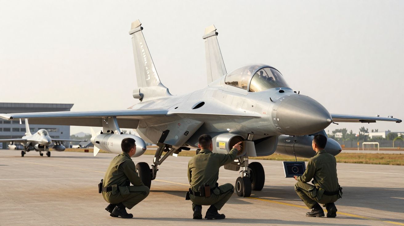 Três militares junto a um caça estático numa pista de aeródromo com outro caça ao fundo.