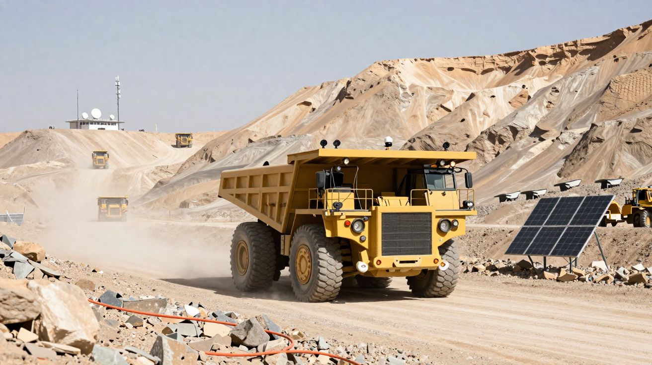 Camião de transporte de minério a circular numa mina a céu aberto com painéis solares visíveis.