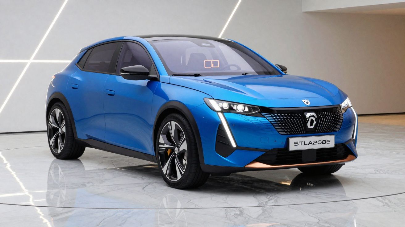 Carro eléctrico azul moderno estacionado em chão de mármore refletivo, com detalhes em preto e cinza.