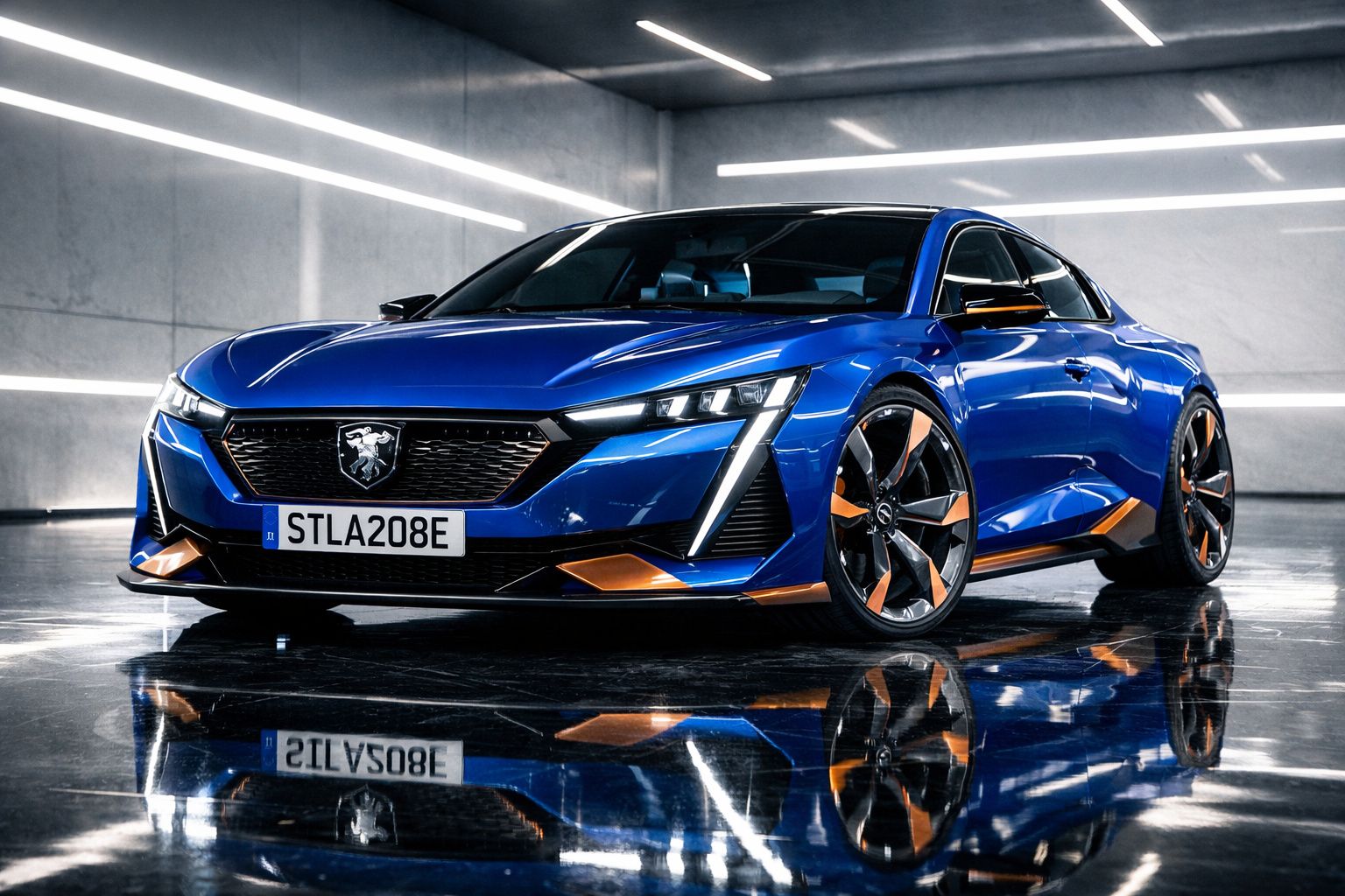Carro desportivo azul com detalhes laranja estacionado num piso espelhado em ambiente futurista iluminado.