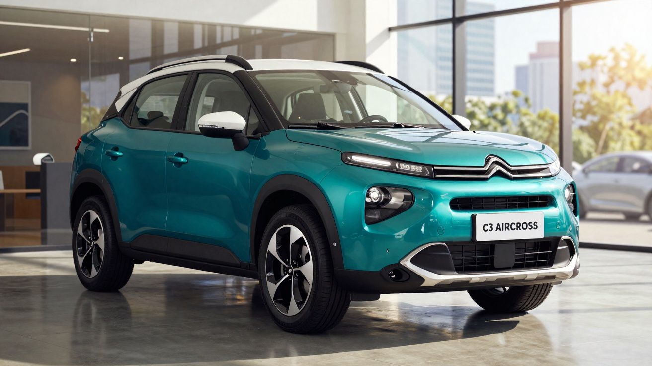 Citroën C3 Aircross azul estacionado em showroom moderno com grandes janelas envidraçadas.