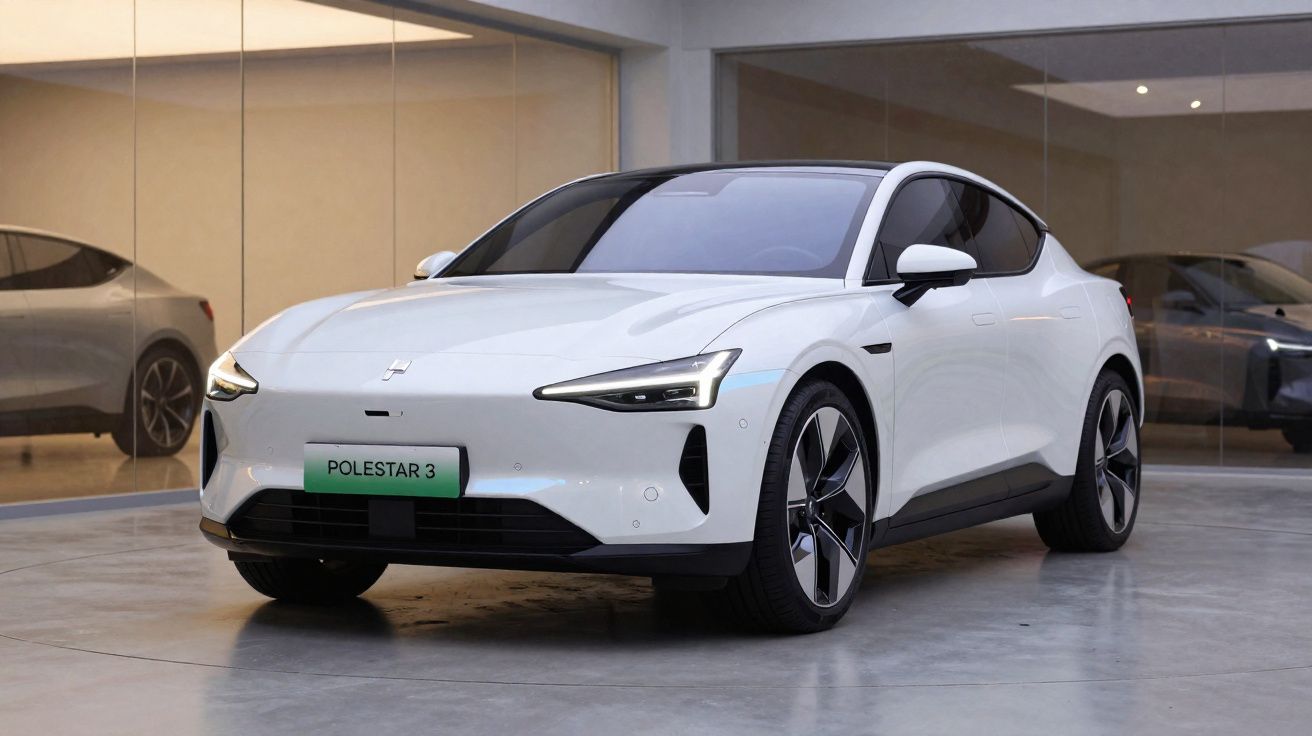 Carro elétrico branco Polestar 3 estacionado em garagem moderna com paredes espelhadas.