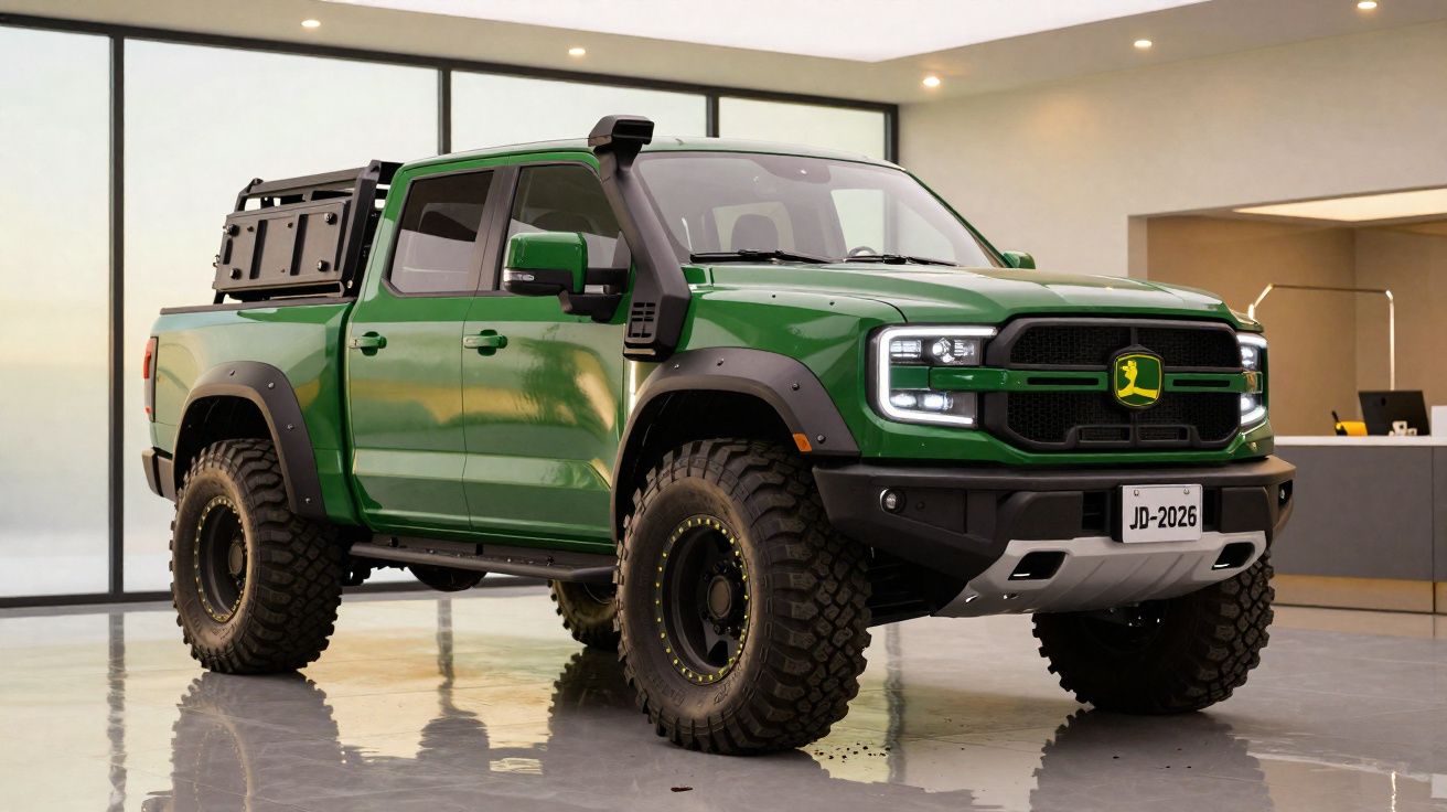 Picape verde robusta com pneus grandes e detalhes em preto, estacionada numa divisão moderna.
