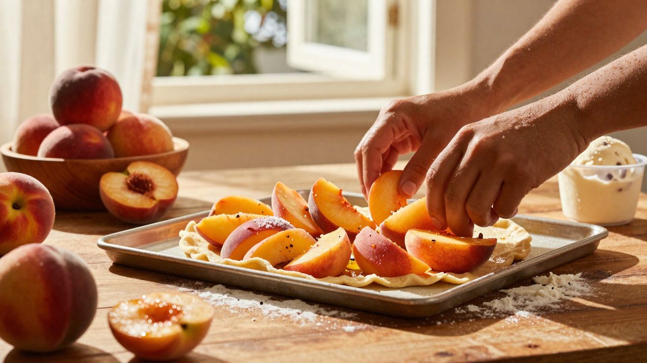 Mãos a arranjar fatias de pêssego sobre massa folhada para preparação de sobremesa numa tabuleiro.