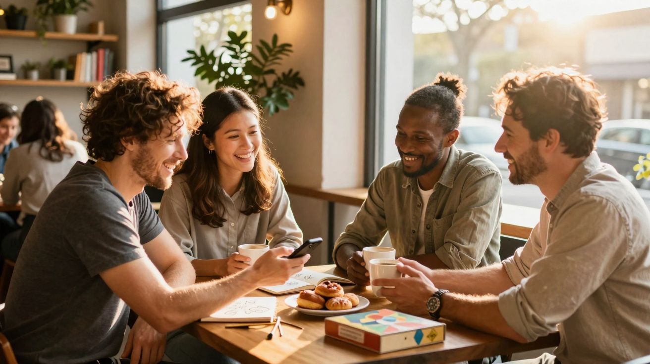 Quatro amigos sentados a beber café, a rir e a conversar numa cafeteria com luz natural.