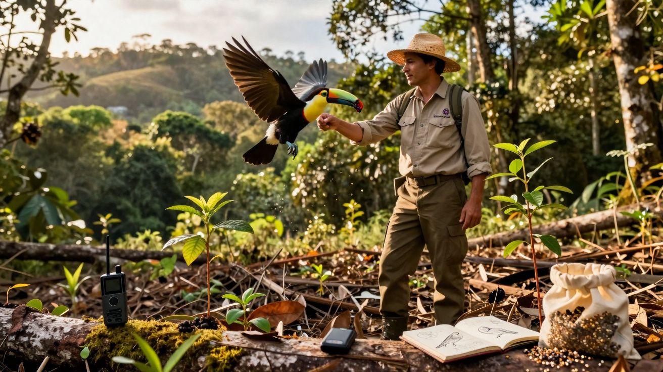 Homem com chapéu alimenta tucano numa floresta com caderno, rádio e saco de sementes no chão.