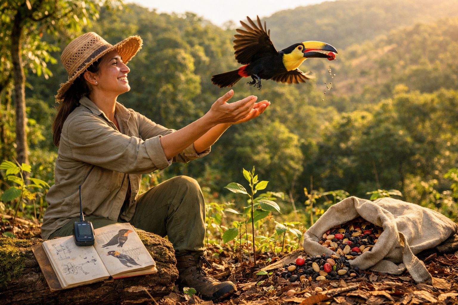 Mulher com chapéu alimenta tucano no ambiente florestal, com saco de frutos e livro de aves ao lado.