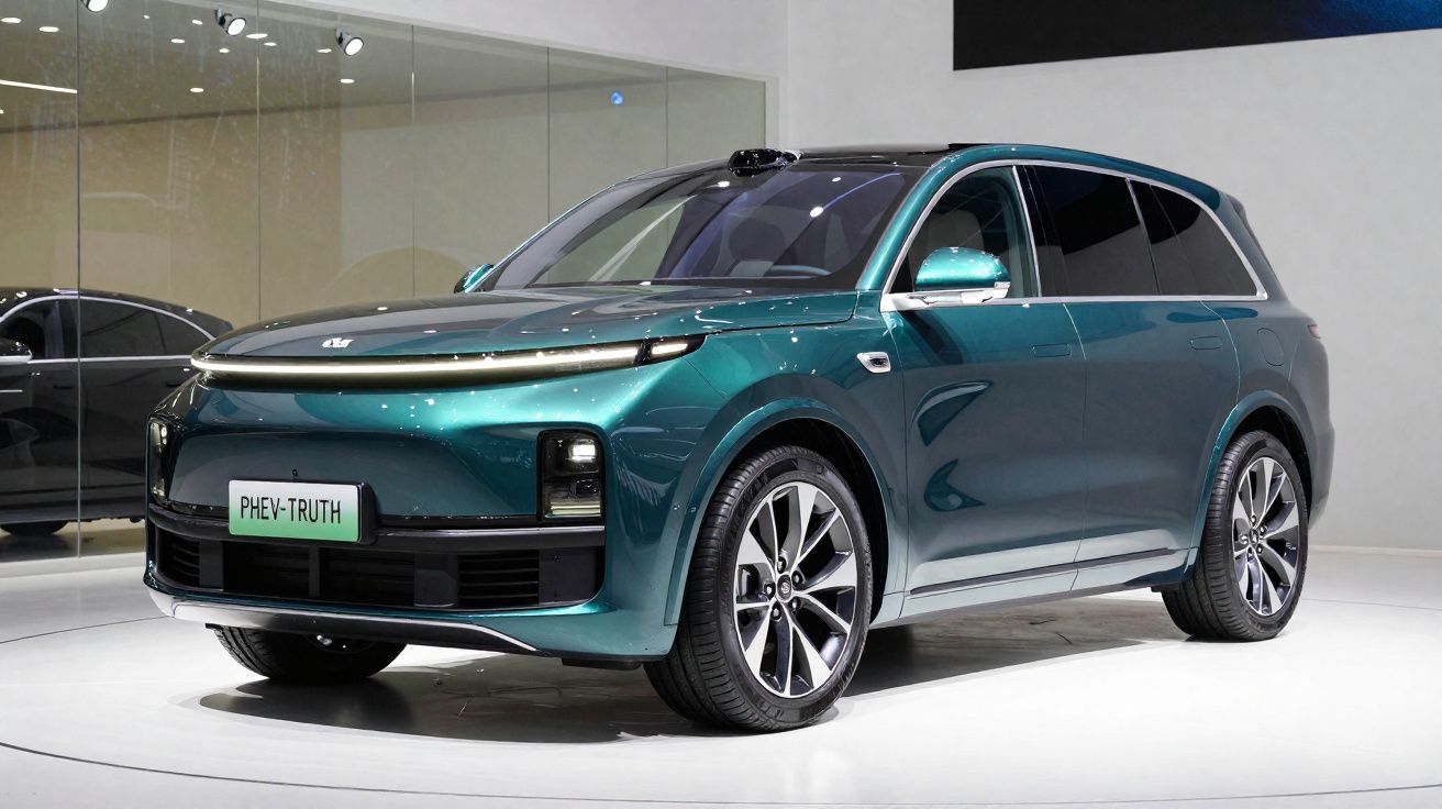 Carro elétrico SUV verde com design moderno exposto em plataforma branca numa feira automóvel.