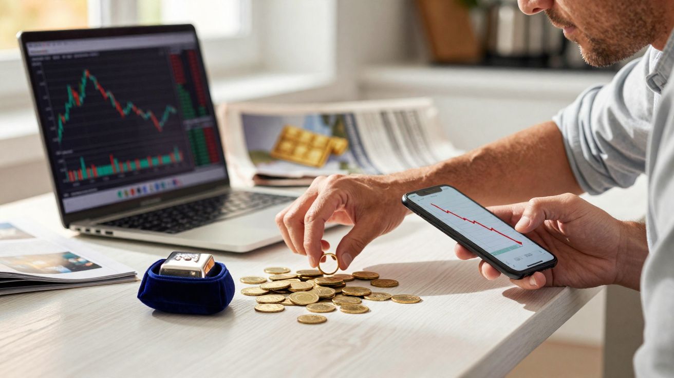 Pessoa a analisar ações no telemóvel e computador portátil enquanto conta moedas douradas numa mesa.