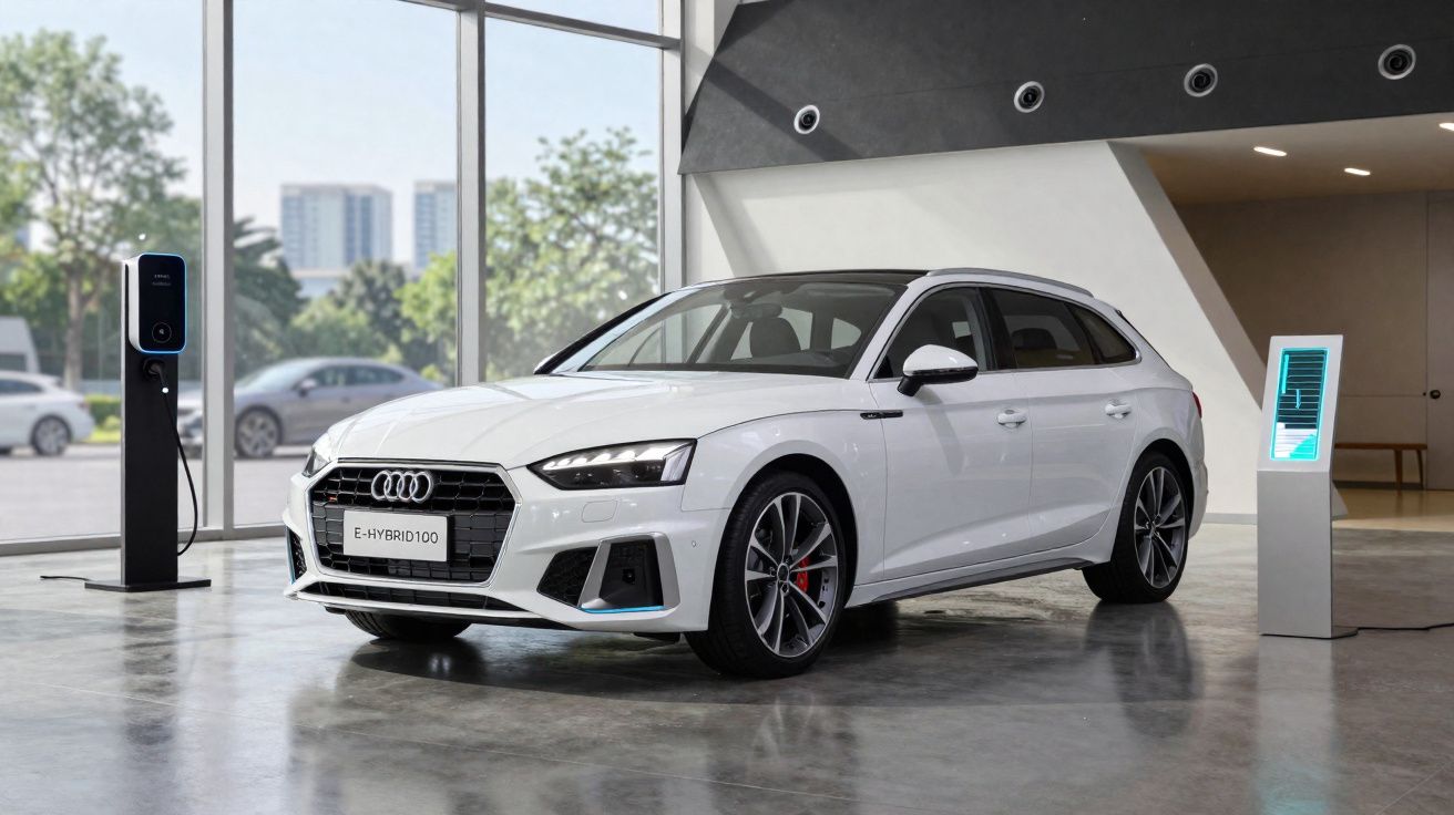 Carro híbrido Audi branco estacionado numa garagem moderna com postos de carregamento elétrico.