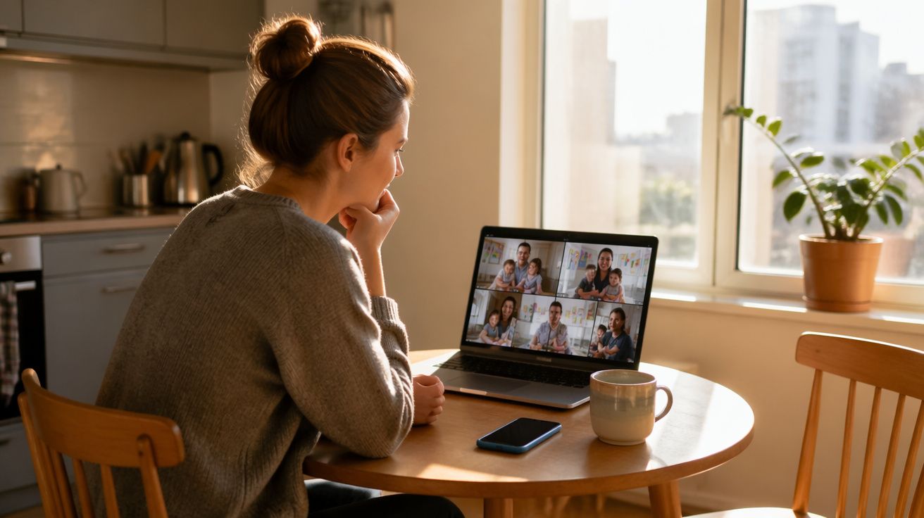 Mulher sentada à mesa em casa participa numa videochamada com familiares no computador portátil.