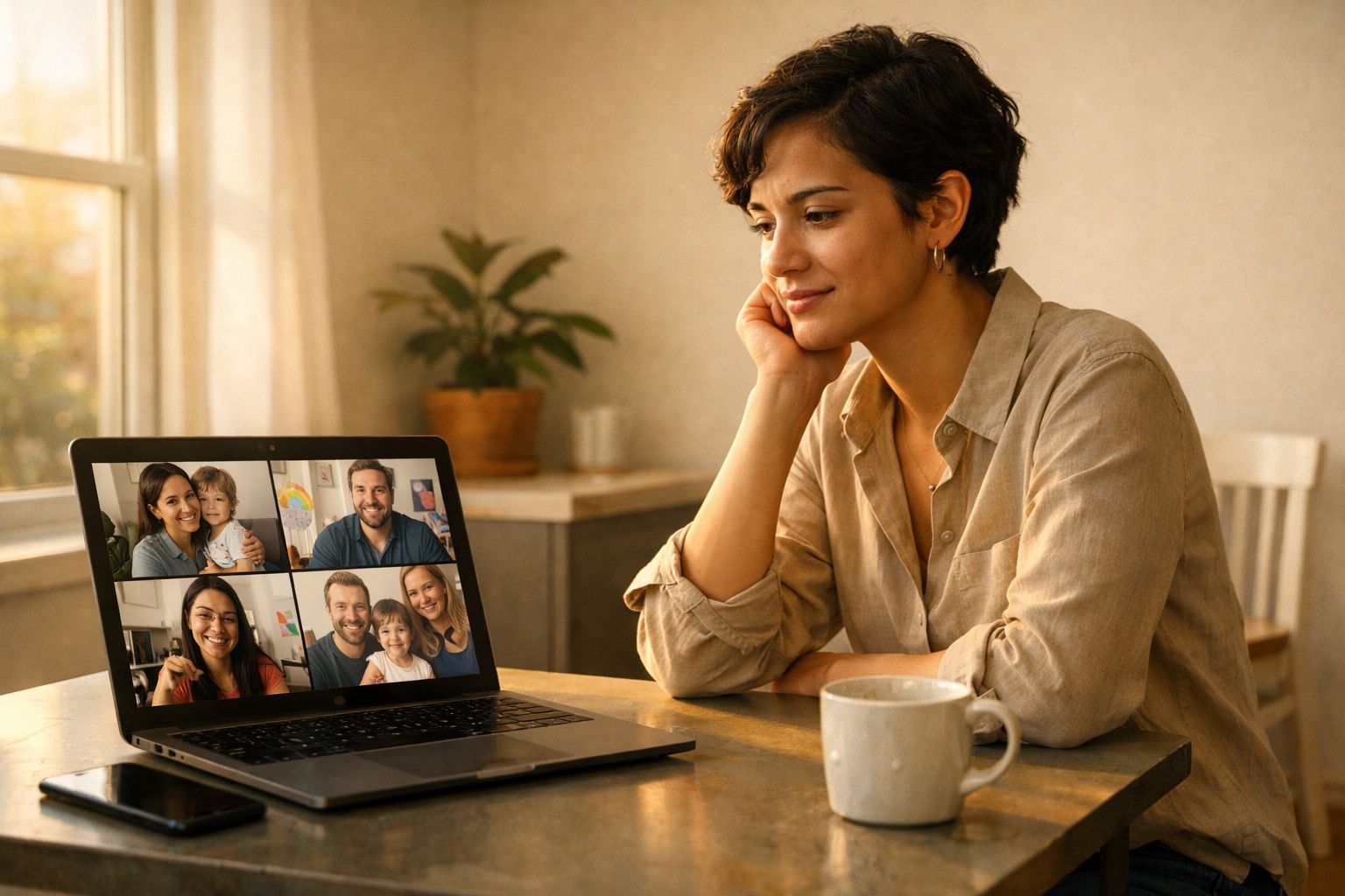 Mulher sentada à mesa a participar numa videochamada com várias pessoas numa sala iluminada pela luz natural.