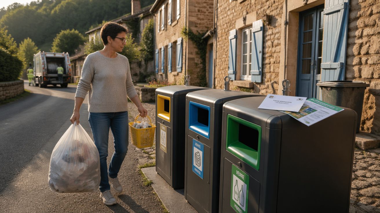 Mulher a separar lixo em contentores de reciclagem numa rua com casas de pedra num ambiente rural.