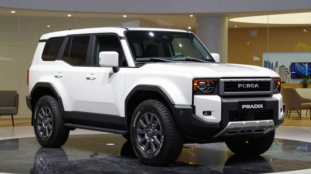 SUV branco de quatro portas com design robusto exposto em espaço interior moderno.