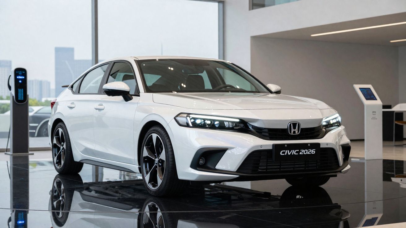 Carro branco Honda Civic 2026 estacionado em showroom moderno com chão espelhado e carregador elétrico ao fundo.