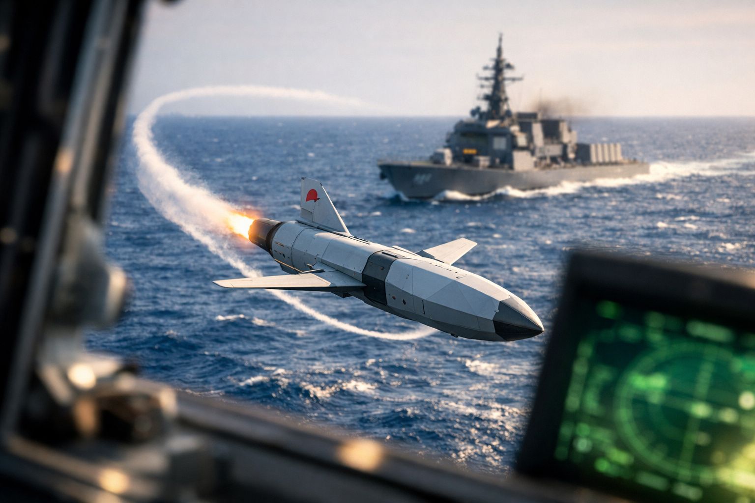 Míssil lançado em direção a um navio militar no mar, com radar de controlo visível em primeiro plano.