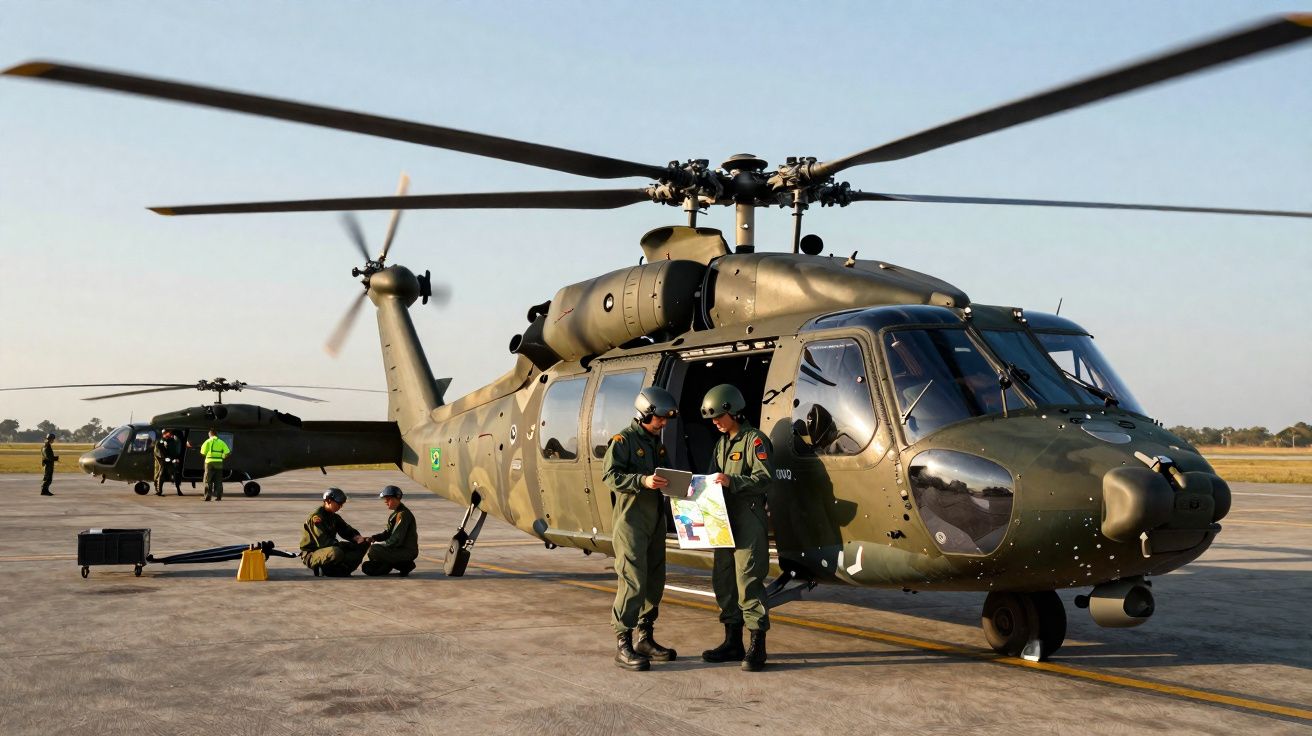 Helicópteros militares verdes estacionados em pista com soldados em uniforme a consultar mapa e equipamento.