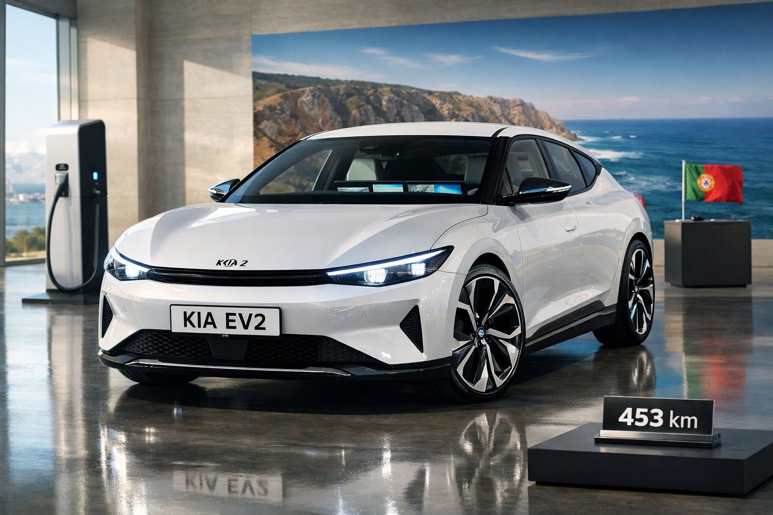 Carro elétrico branco Kia EV2 exposto em showroom com paisagem marítima e bandeira de Portugal ao fundo.