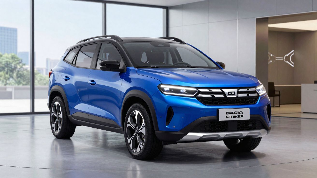 SUV Dacia Striker azul com detalhes negros, estacionado em ambiente interior moderno e luminoso.