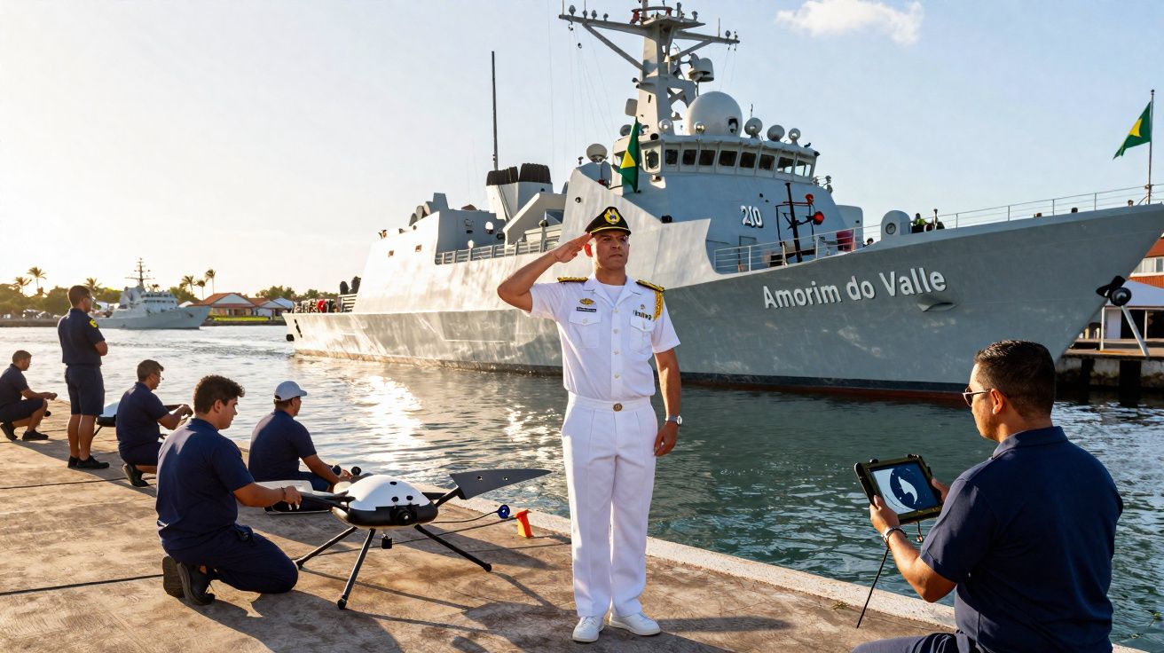 Oficial naval a saudar junto a equipa com drone, perto do navio de guerra Amorim do Valle no cais.