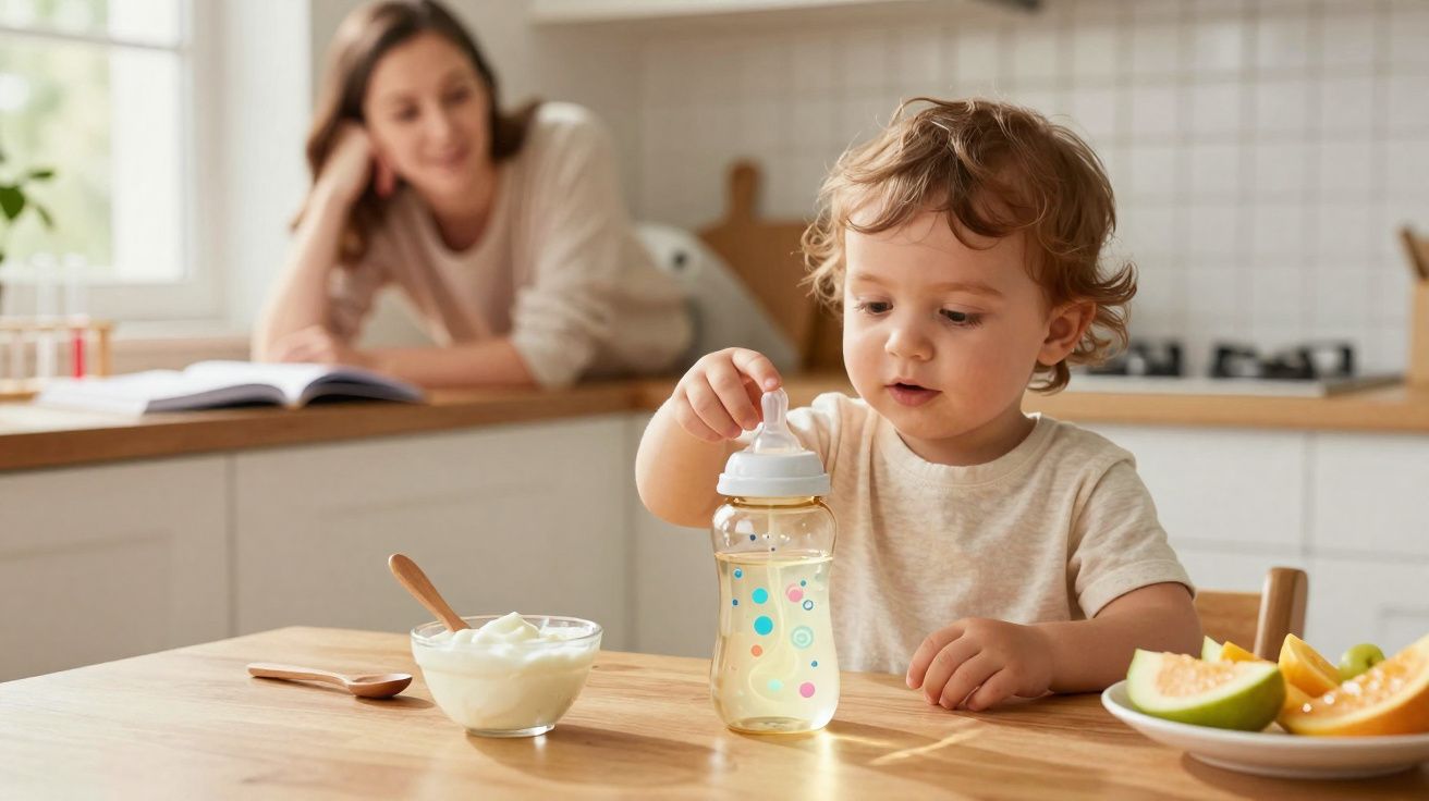 Criança sentada a beber de um biberão na cozinha, com fruta e iogurte na mesa, mãe observa ao fundo.