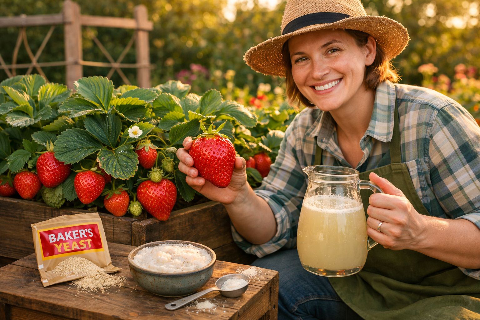 Mulher com chapéu segura morango e jarra junto a plantação de morangos, fermento e farinha numa mesa.