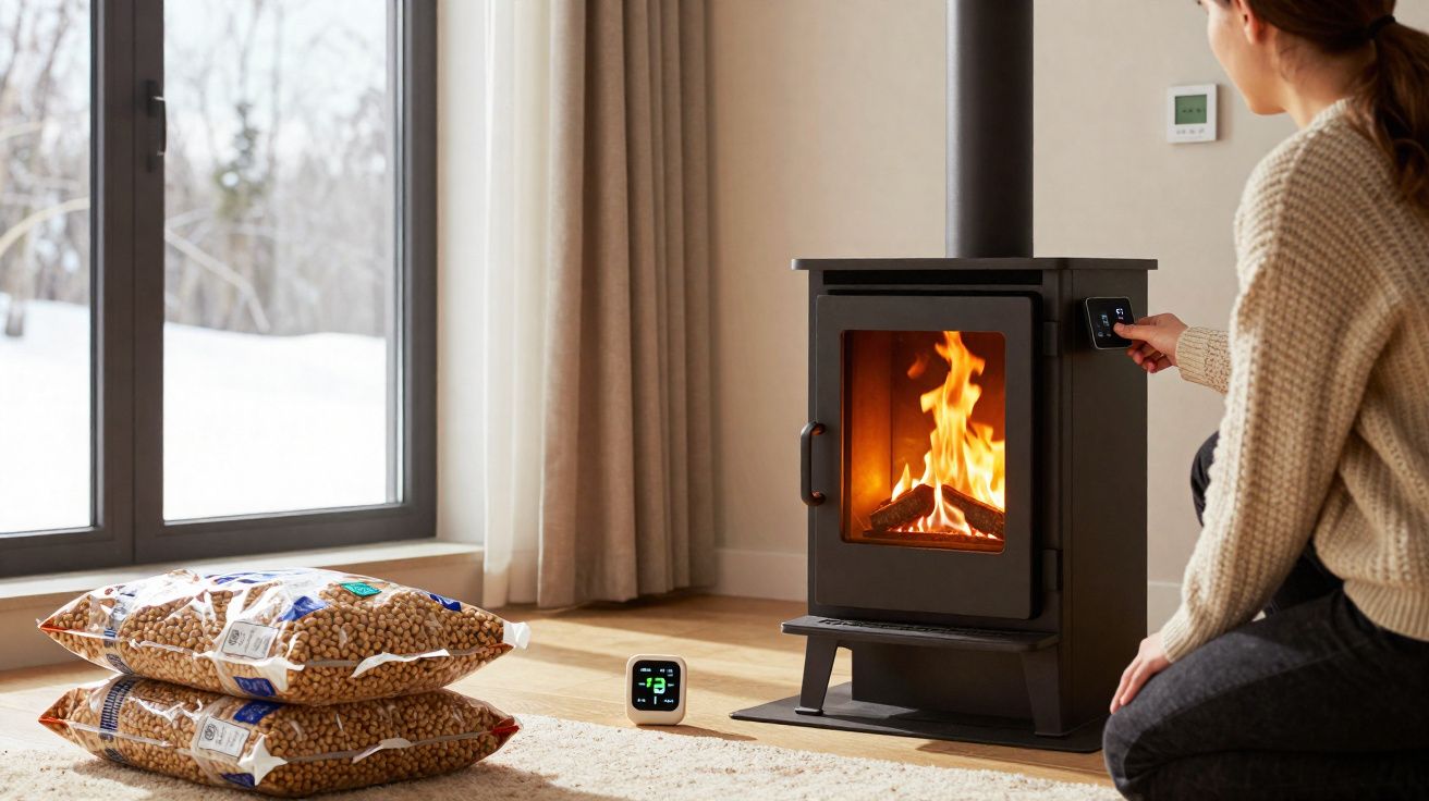 Mulher a ajustar termostato de salamandra a pellets em sala com janela e sacos de pellets no chão.