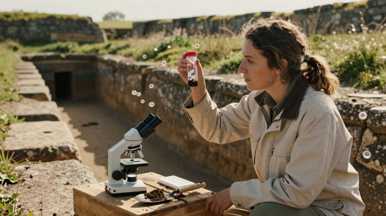 Mulher arqueóloga analisa amostra em tubo junto a microscópio num sítio arqueológico ao ar livre.