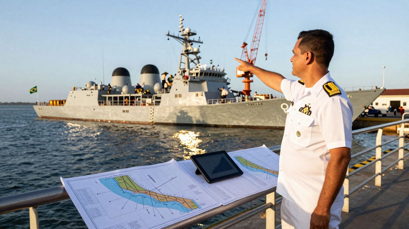 Oficial da marinha em uniforme branco aponta para navio militar no porto, com mapas e tablet à frente.