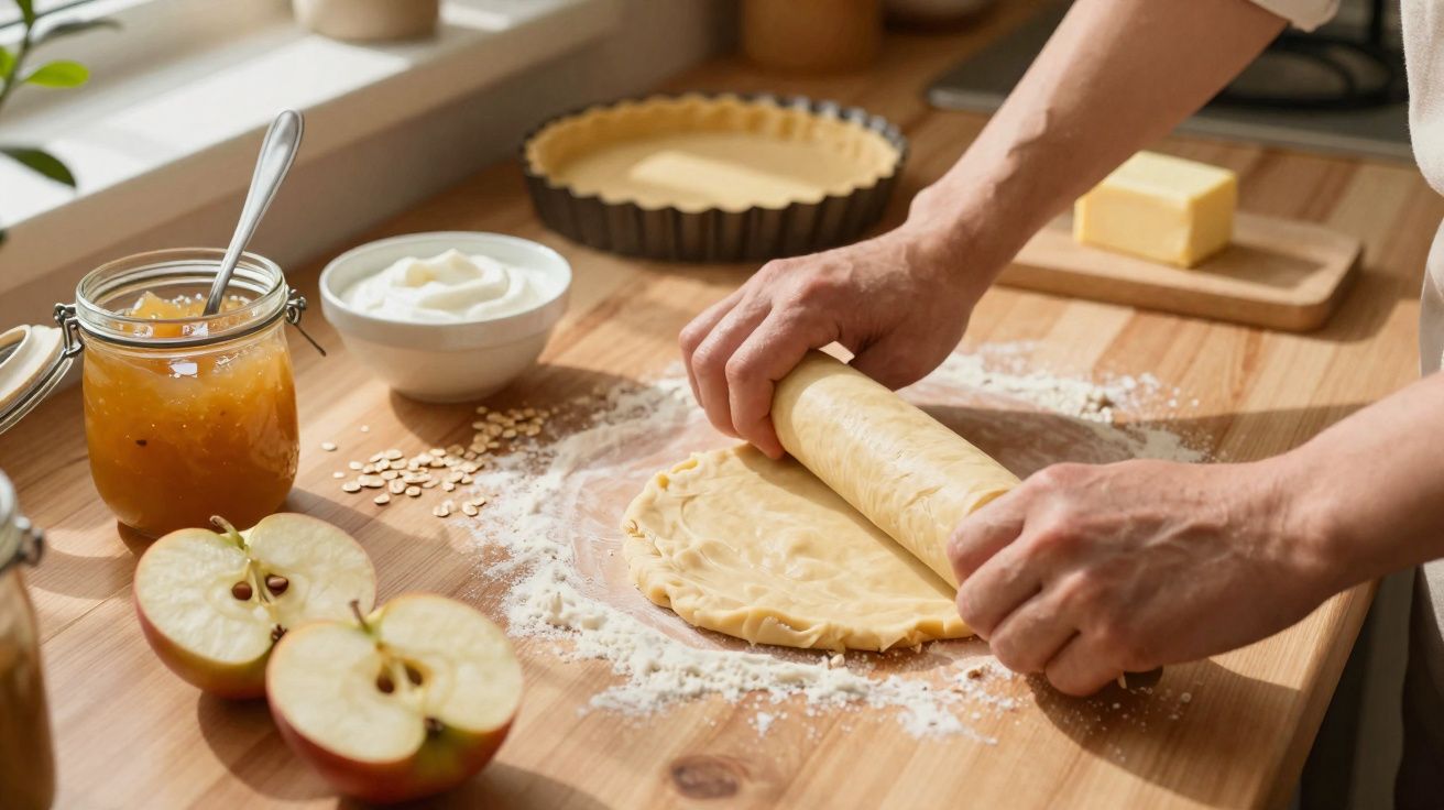 Mãos a estender massa numa bancada de cozinha com maçã, compota, manteiga e farinha espalhada.