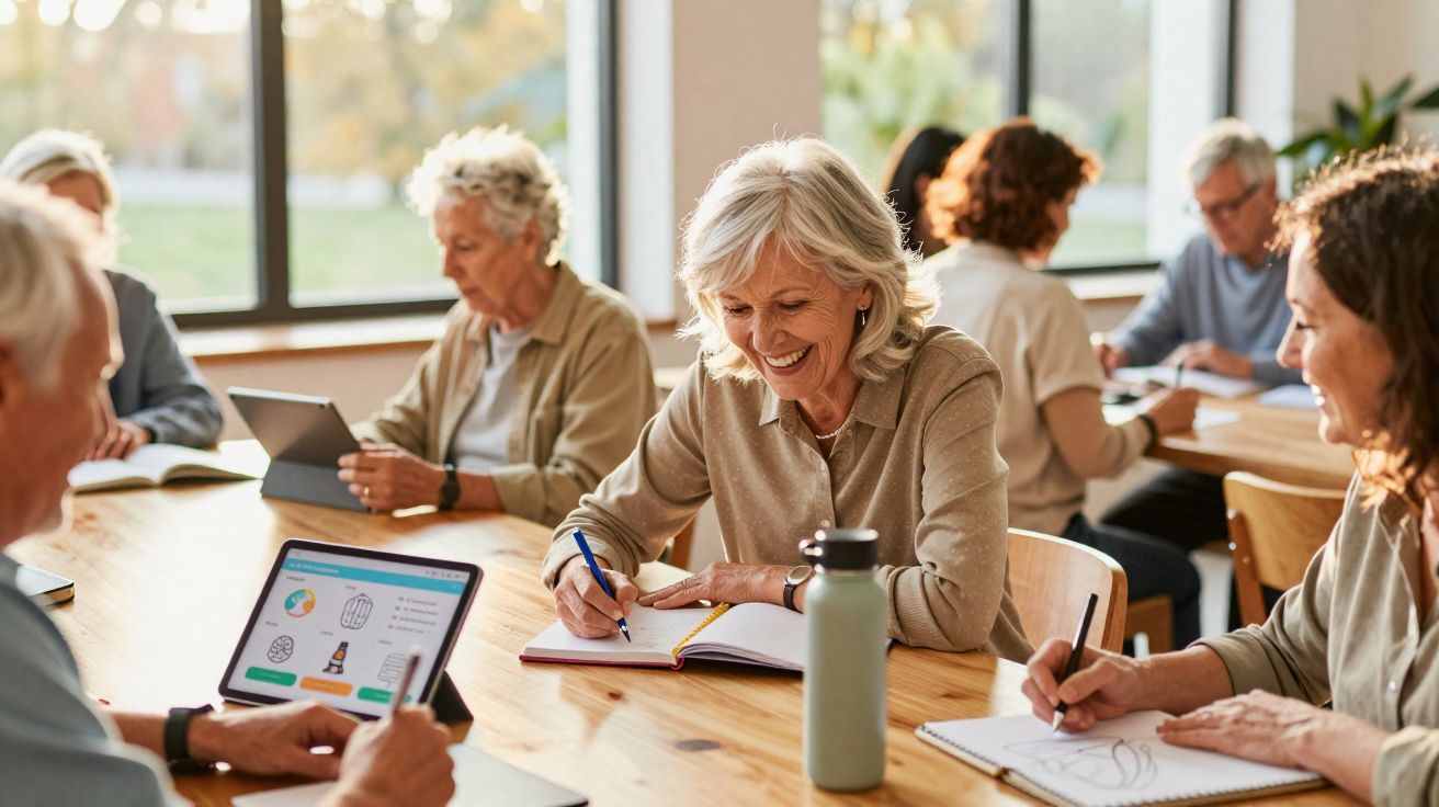 Grupo de idosos a estudar e usar dispositivos digitais numa sala bem iluminada.