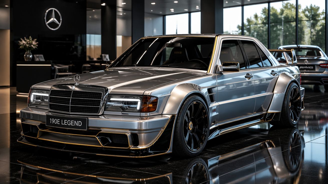Mercedes-Benz 190E Legend prateado com design clássico e aerodinâmico em exposição numa loja moderna.