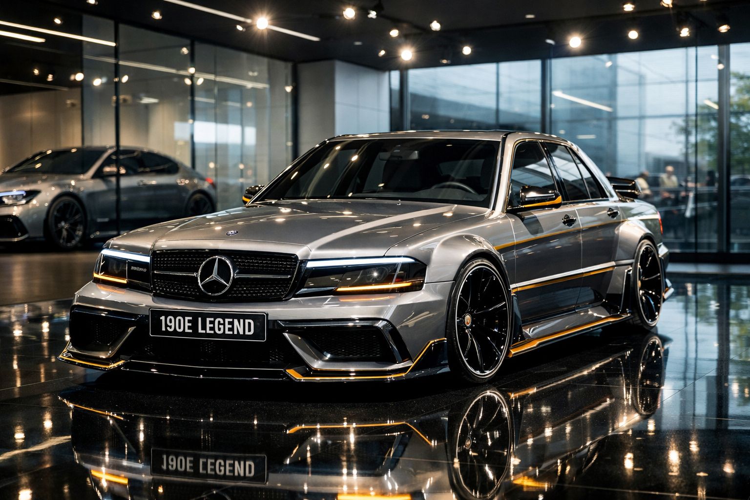 Carro Mercedes-Benz 190E Legend cinzento metálico com detalhes em amarelo exposto em interior moderno e refletivo.