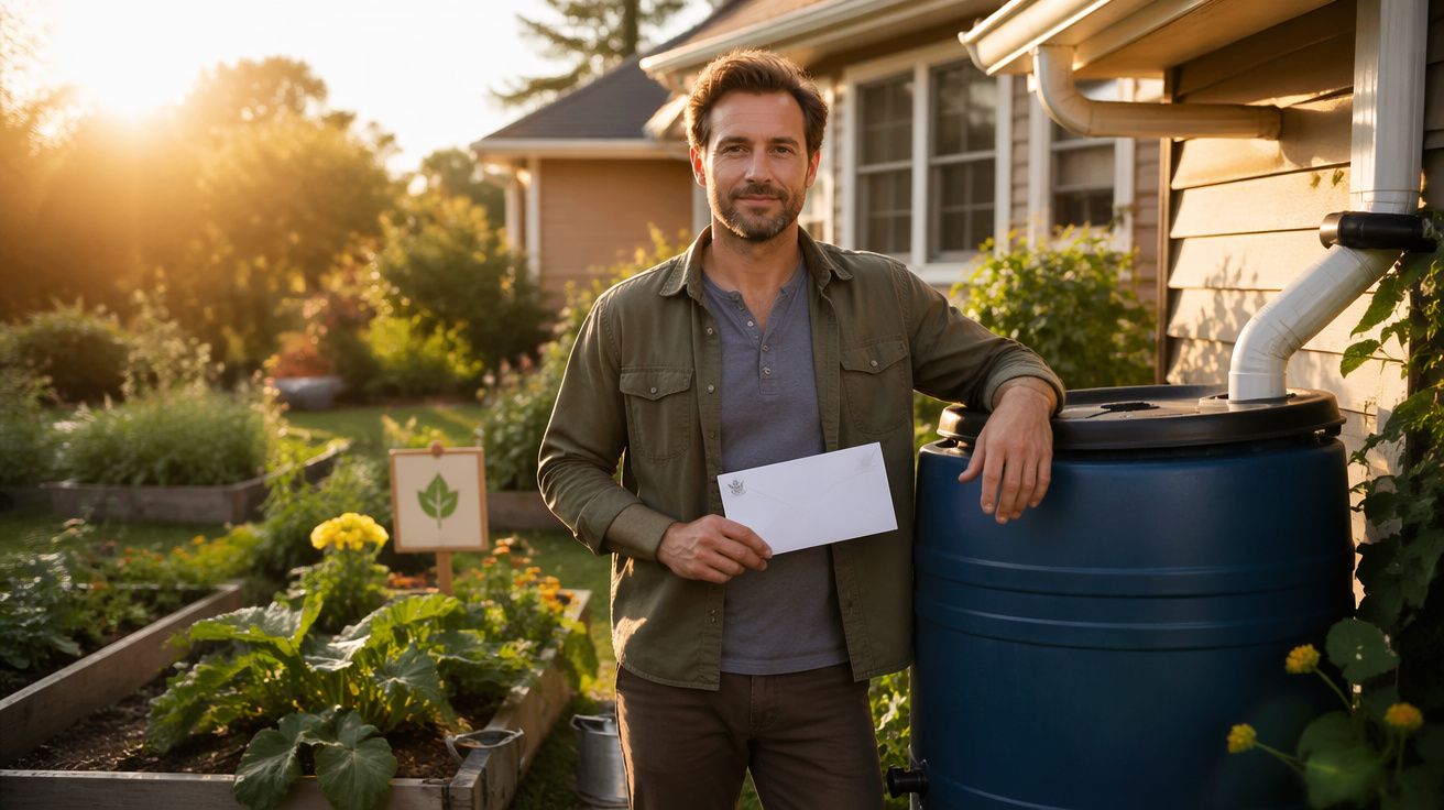 Homem ao ar livre junto a depósito de água e com envelope, jardim e vegetação ao fundo ao pôr do sol.