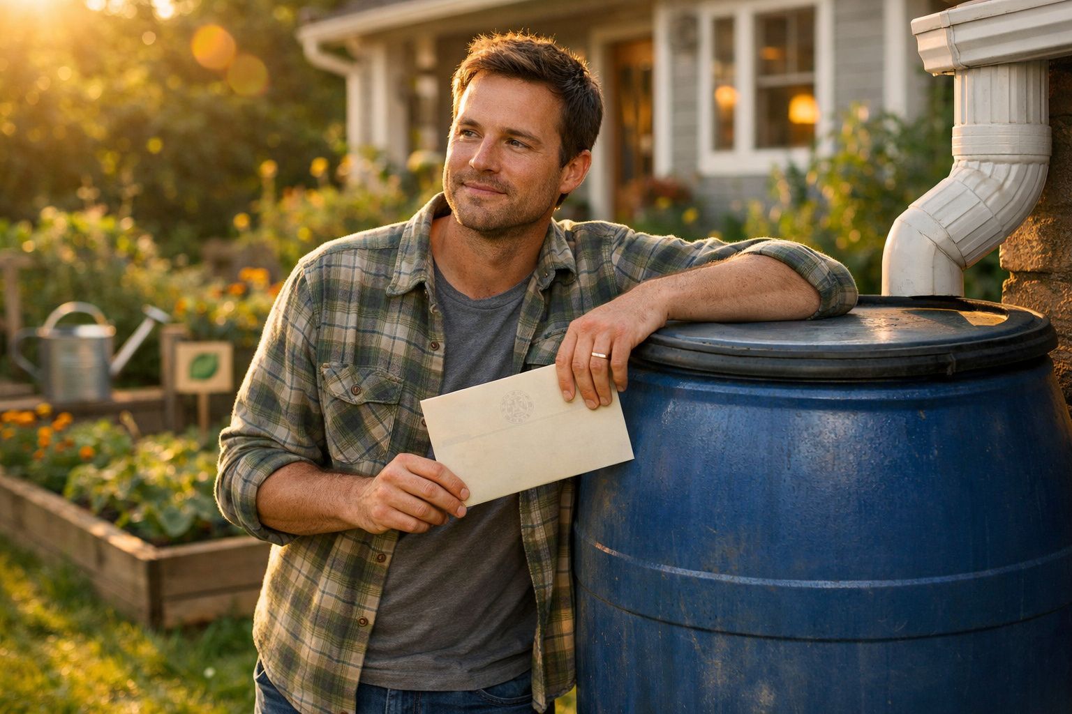 Homem sorridente encostado num barril azul, a segurar um envelope num jardim com luz suave ao entardecer.