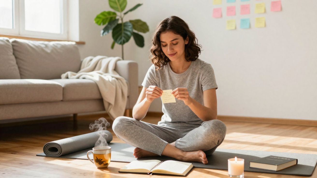 Mulher sentada no chão a ler notas, com tapete de yoga, chá e vela acesa num ambiente acolhedor.