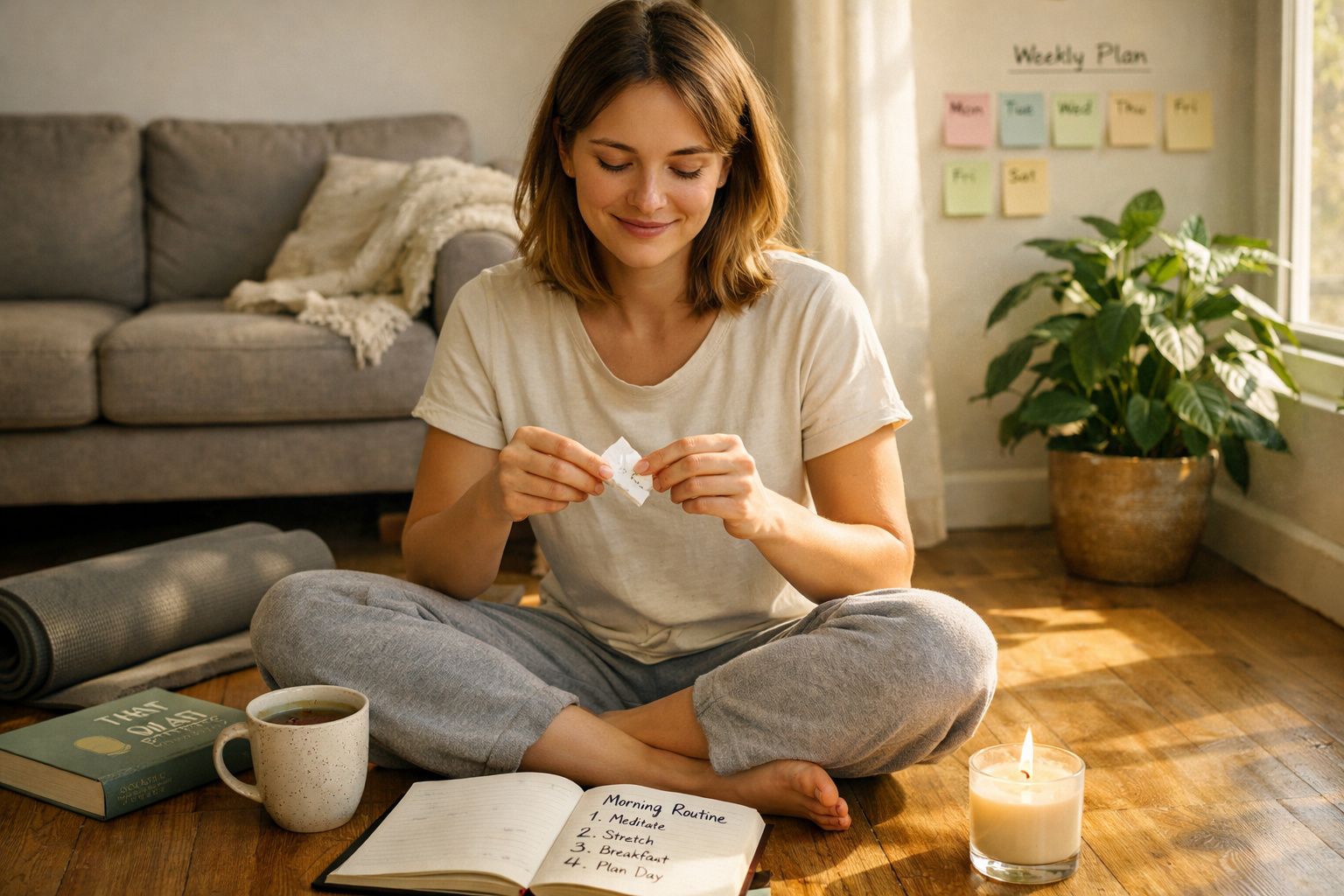 Mulher sentada no chão a sorrir, rasgando papel, com chá, velas e bloco de notas à sua frente.