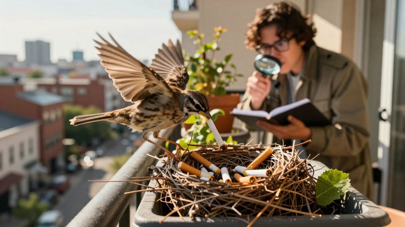 Pássaro a pousar num ninho com beatas de cigarro enquanto uma pessoa observa com lupa numa varanda urbana.