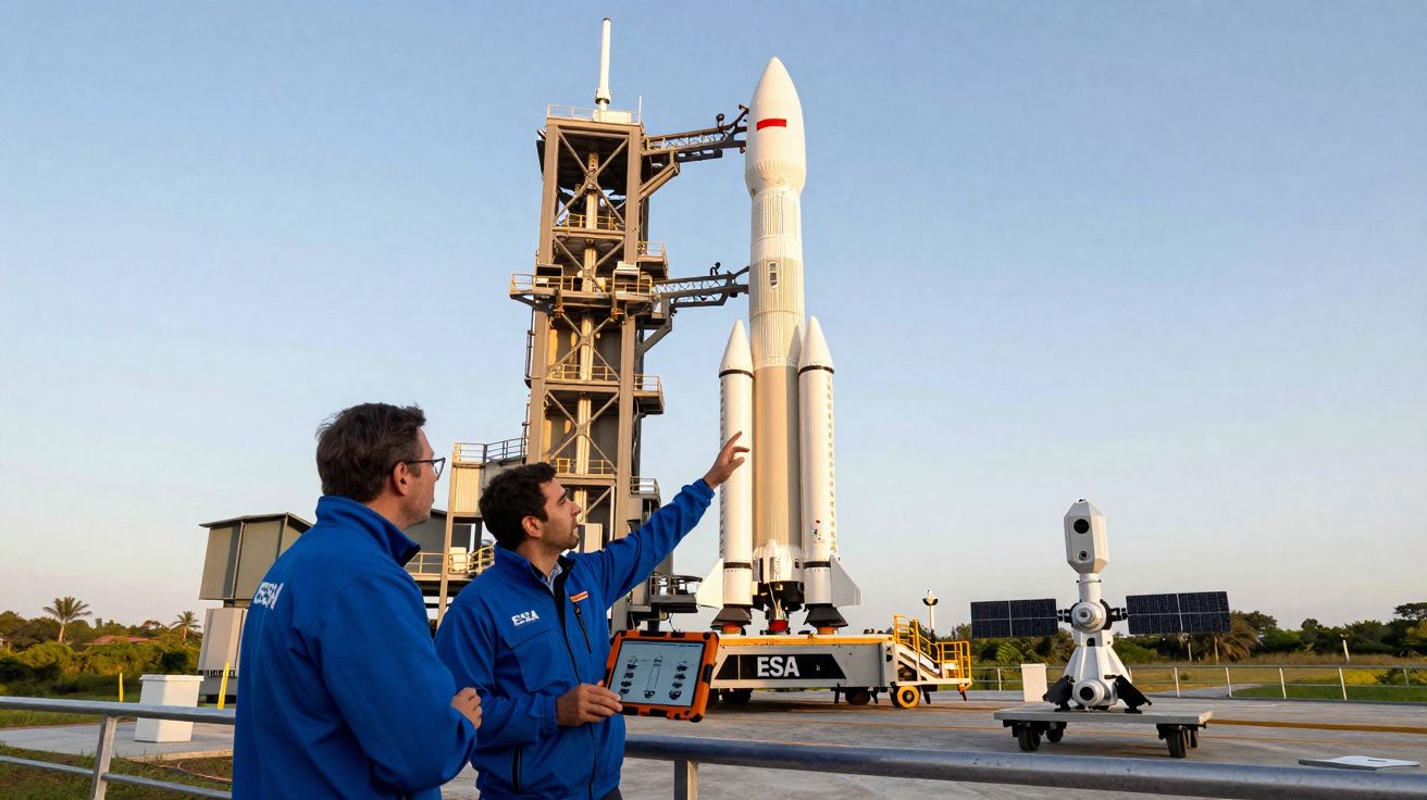 Dois técnicos da ESA observam um foguetão branco na plataforma de lançamento ao ar livre, com equipamentos e céu limpo.