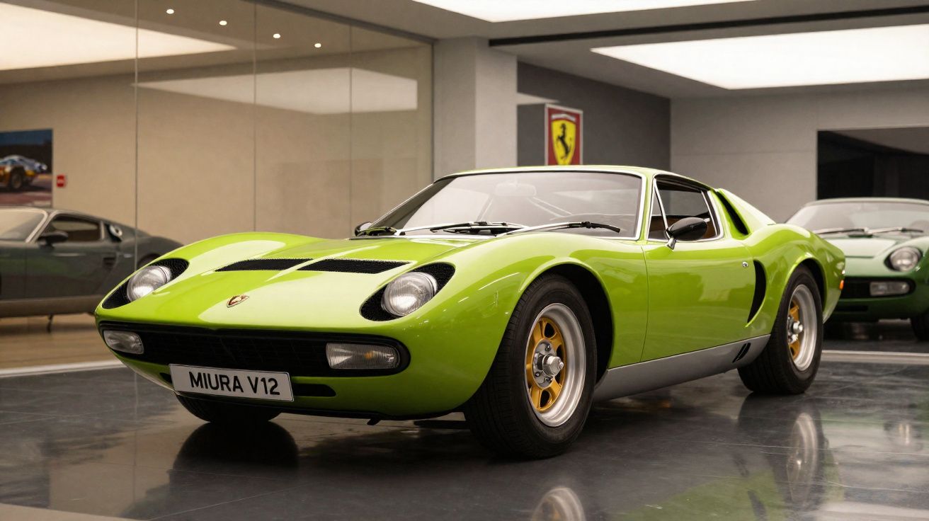 Carro desportivo Lamborghini Miura V12 verde exibido em museu indoor com reflexos no chão.