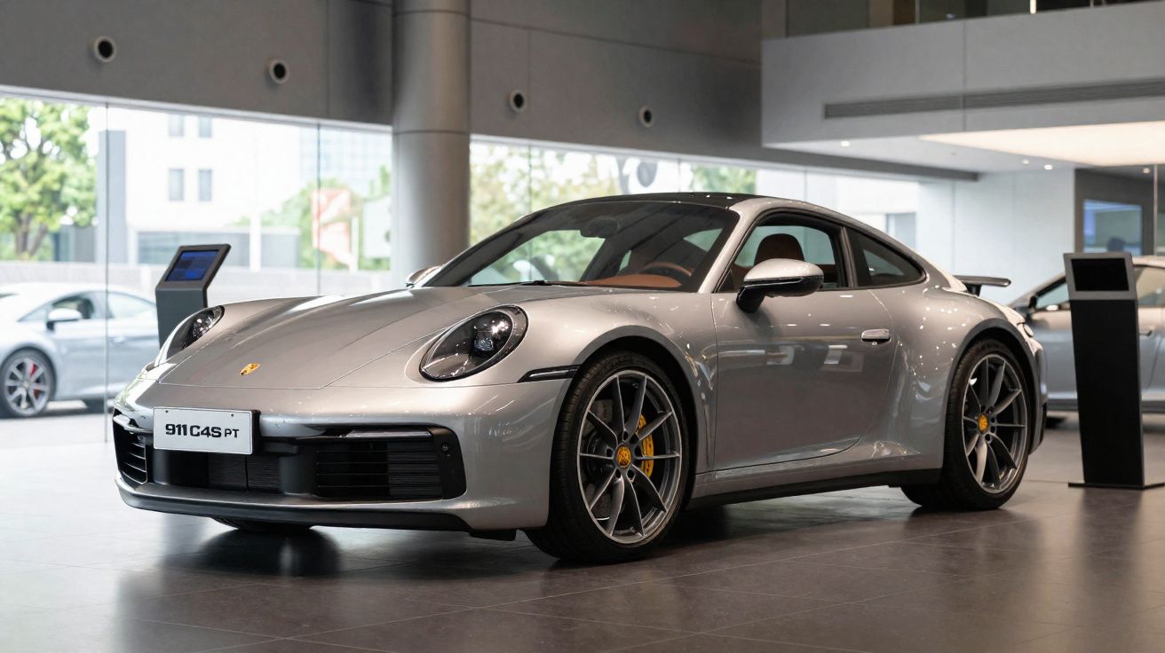 Carro desportivo Porsche 911 C4S prata em exposição numa sala moderna iluminada por luz natural.