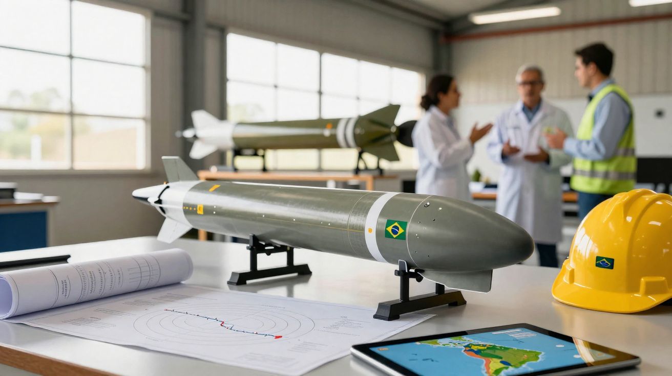 Modelo de míssil com bandeira do Brasil em laboratório, com engenheiros a discutir ao fundo.