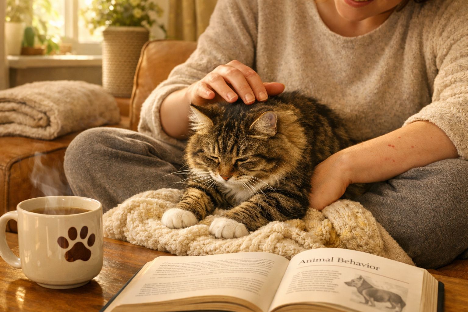 Pessoa a fazer companhia a gato deitado numa manta, perto de livro aberto e chá quente numa caneca com pata.
