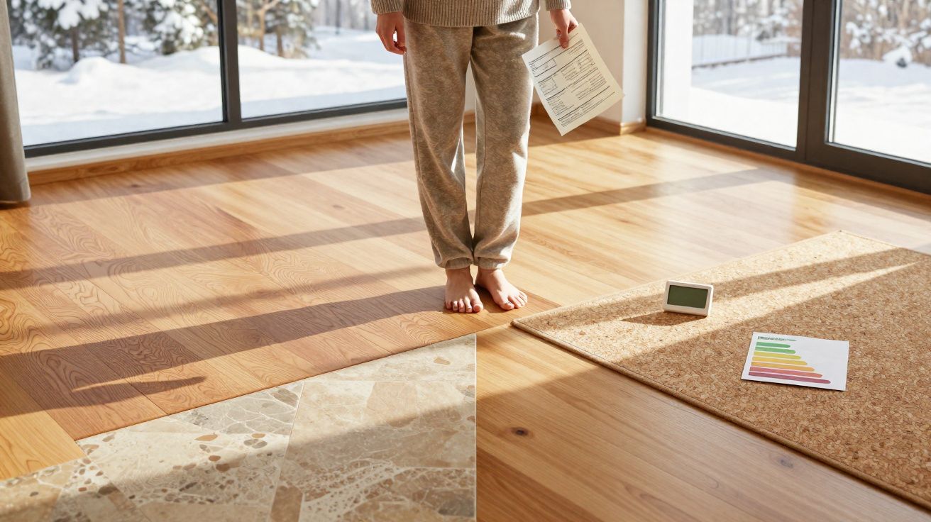 Pessoa descalça em casa com chão de diferentes materiais e documentos na mão e no tapete.